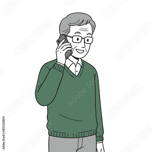 スマートフォンで通話するシニア男性のイラスト