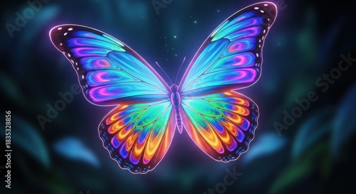 Luminous butterfly with radiant wings against a tranquil foliage backdrop