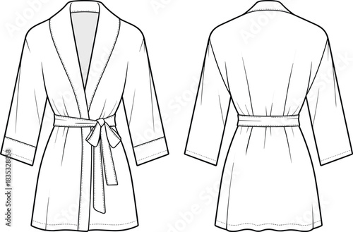 Women robe fashion flat sketch, belted kimono style garment illustration, technical drawing with wide sleeves, shawl collar and relaxed loungewear design