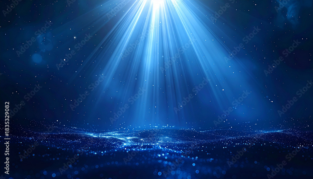 Obraz premium 深い青の星空に輝く神秘的な光の粒子が舞う夜景