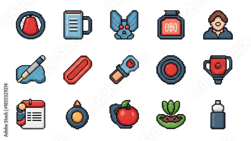Vibrant flat pixel art icon collection for web and app interfaces, featuring everyday objects, office essentials, and unique symbols