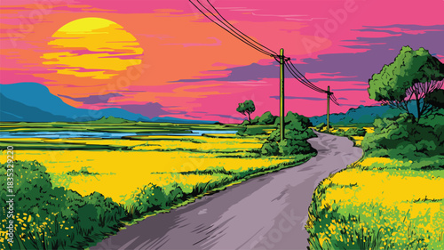 Vibrant Landscape Illustration with Colorful Road for Graphic Design