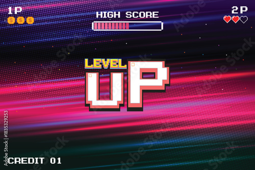 LEVEL UP. pixel art. 8 bit game. Retro Futurism Sci-Fi Background. glowing neon grid and stars from vintage arcade computer games