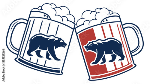 two mugs with full of bear, and bear emblem on the mugs front. vector design