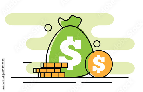 Money Bag and Coins Line Art Effect on Colorful Background. Earning and saving earnings idea vector art, banking services