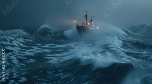 A lone vessel navigates treacherous waves during a powerful storm at sea, its lights cutting through the mist and spray as it battles the elements