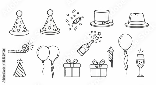 Party Time Outline Icons Hats, Balloons, Gifts and Drinks for Celebrations
