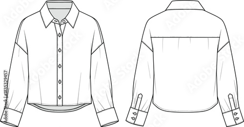 Women’s button down shirt technical drawing, front and back fashion flat, apparel design template, garment sketch, long sleeve blouse illustration for designers