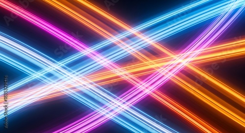 Abstract Neon Light Trails Intersecting in a Dark Background.
