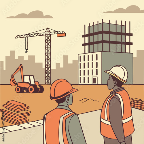 Two construction workers in hard hats and safety vests discuss plans at a building site with a crane and excavator