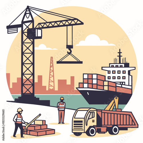 Industrial port scene with cargo ship crane truck and construction workers loading materials
