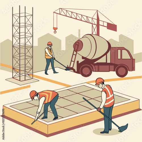 Construction workers pour and level concrete on a building site with a crane and cement mixer in the background
