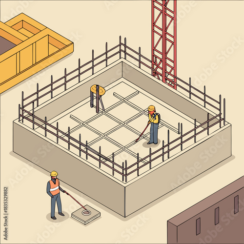 Construction workers prepare concrete foundation with rebar grid and surveying equipment at building site