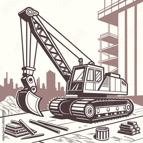 A detailed illustration of a large tracked excavator digging at a construction site with city buildings in the background