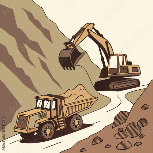 Construction excavator digging into a hillside loading dirt into a dump truck on a winding road
