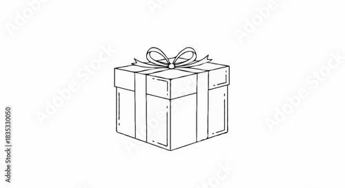 A hand-drawn line art illustration of a gift box tied with a ribbon and bow, representing celebration and giving