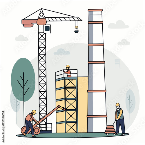 Construction workers operating a crane and scaffolding to build a tall industrial structure with a smokestack