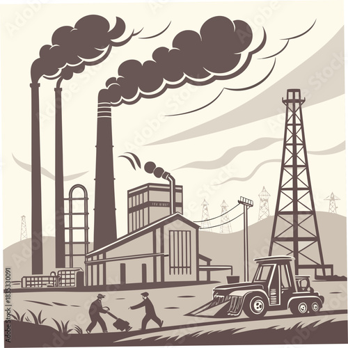 Vintage industrial landscape with smoking factory chimneys oil derrick and workers in sepia tones