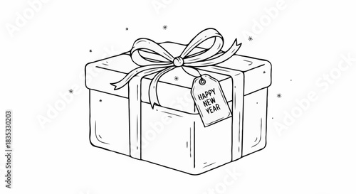 A Hand-Drawn Illustration of a Gift Box with a Ribbon and a 'Happy New Year' Tag, Perfect for Festive Occasions
