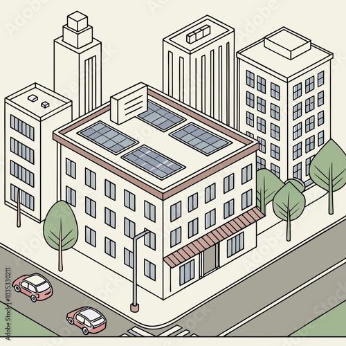 Isometric illustration of a modern city block featuring buildings with solar panels on rooftops and trees lining the street