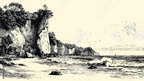 Serene Beach Drawing with Cliff and Ocean View