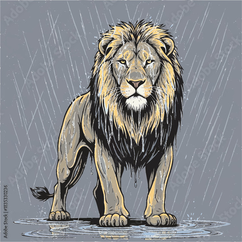 Majestic male lion standing confidently in the rain with water pooling around its paws