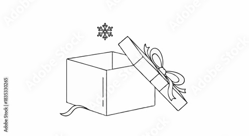 Simple outline illustration of an open empty gift box with a delicate snowflake floating above, symbolizing winter holidays, unexpected surprises, and the joy of giving and receiving presents
