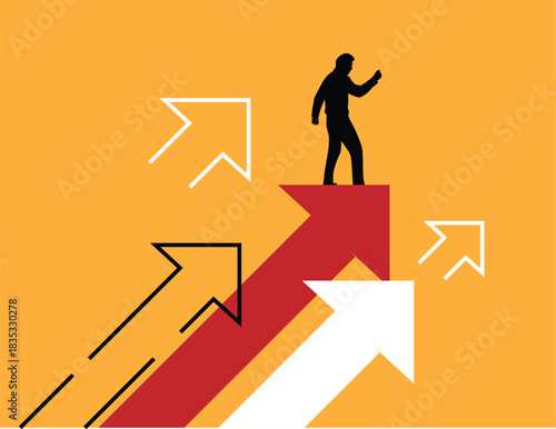 Silhouette of Business Man on Arrows Moving the Company Forward. Company leadership CEO and generating a successful start up idea vector art