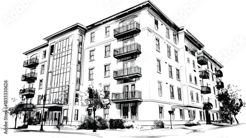 Architectural Drawing of Building with Balconies Vector