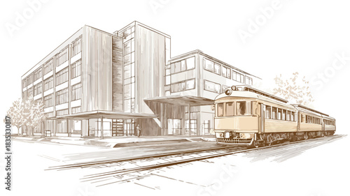 Modern Architectural Drawing of Building with Train Vector Outline Illustration