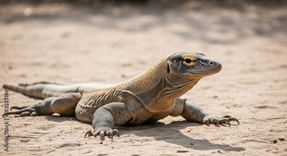 Obraz premium A large, tan-scaled reptile, a monitor lizard, rests on a sandy surface