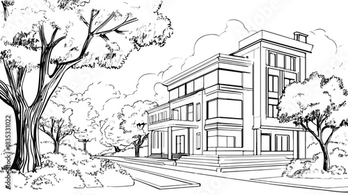 Modern Building Surrounded by Trees and Blue Sky Vector Illustration
