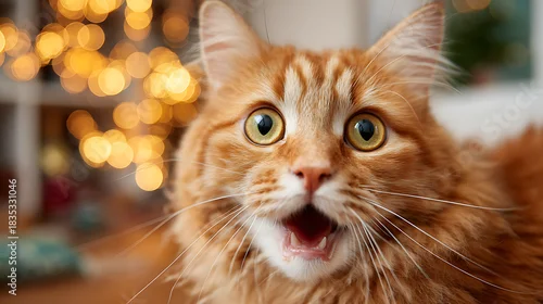 Fototapeta Orange feline with wide eyes and open mouth ginger animal