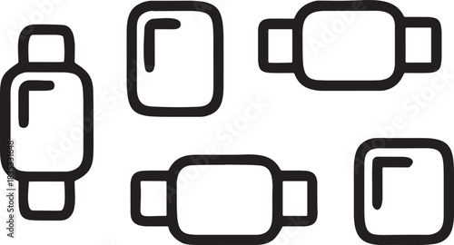 Five black outline icons of smartwatches on a white background wearable technology