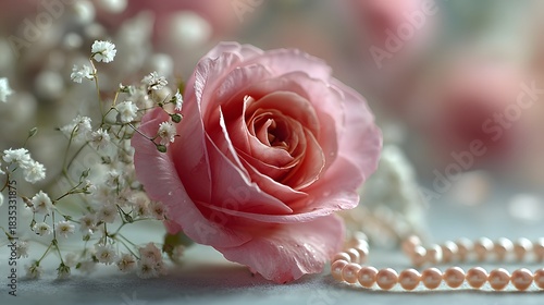 Single pink rose bloom rests softly among baby's breath flowers and a delicate string of pearls in a romantic pastel floral setting.