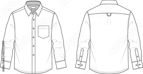 Long sleeve button-up shirt sketch, technical fashion illustration, pointed collar, chest pocket, loop and pleat detail, front and back view