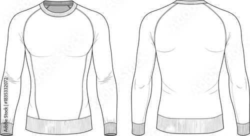 Crewneck sweatshirt fashion sketch, technical garment illustration, long sleeve raglan design, ribbed cuff and waistband, front and back view, apparel vector