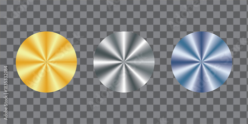 Set of three radial gradient circle icons in gold, silver, and blue