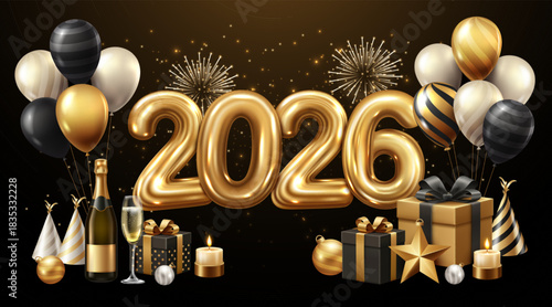New Year 2026 Celebration – Gold Balloons, Fireworks, Gifts and Champagne Party Background