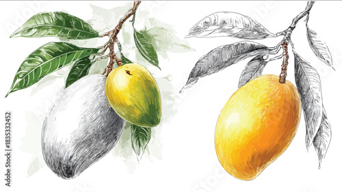 Vibrant Fruit and Man Drawing with Green Leaves for Artistic Projects