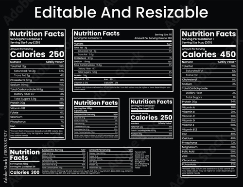 Editable and Resizable Nutrition Facts Label Set displaying various calorie counts and dietary information