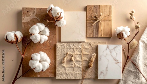 Flat lay of cotton branch, towels, walnut, and textured samples on soft beige background for natural design.
