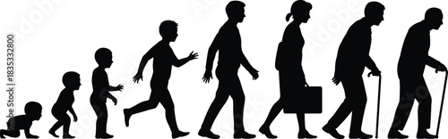 A diverse group of silhouettes representing the stages of life, including childhood, energetic youth, pregnancy, business professionals, and elderly people, on a white background