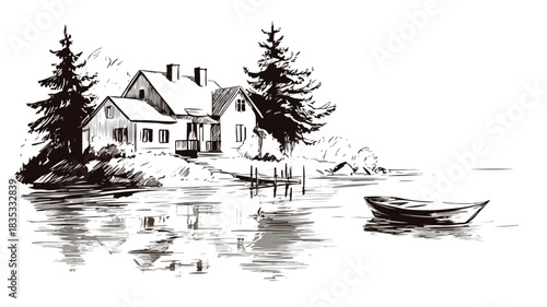 Scenic Drawing of House with Boat on Water - Vector Illustration