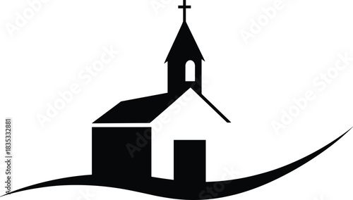 Black christian church silhouette icon with cross on steeple isolated on white background for religious logo branding design vector illustration