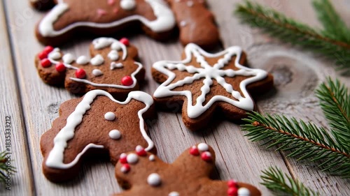 Holiday gingerbread cookies with white icing and red sprinkles on a rustic wooden surface