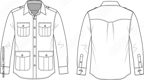 Technical flat sketch of long-sleeve button-up shirt, front and back view, fashion illustration, utility pocket design, apparel vector, garment template