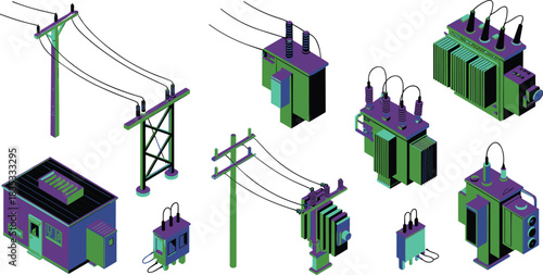 Isometric illustration of electrical transformers, utility poles, power distribution equipment and energy infrastructure components for engineering and grid design projects