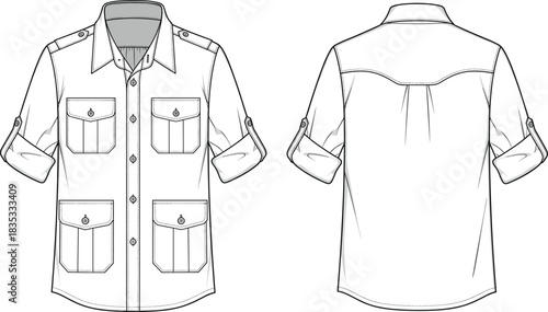 Technical flat sketch of long-sleeve button-up shirt, front and back view, fashion illustration, utility pocket design, rolled sleeve detail, apparel vector