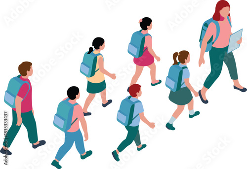 Isometric illustration of school children walking with teacher, student group heading to class, education concept, back to school scene, learning environment